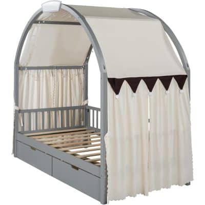 Bright kids playhouse with canopy, curtains, and safety rail for outdoor children’s activity tent or playhouse, ideal for gardens, backyards, and family entertainment areas.