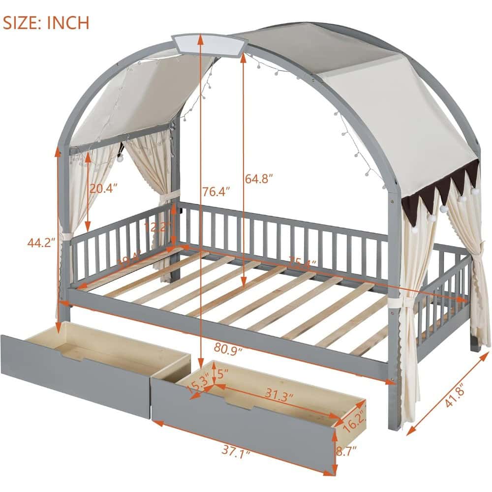 Bright gray outdoor canopy bed with curtains, string lights, and storage drawers, ideal for garden or patio relaxation and leisure. Perfect for creating a cozy, stylish outdoor retreat.