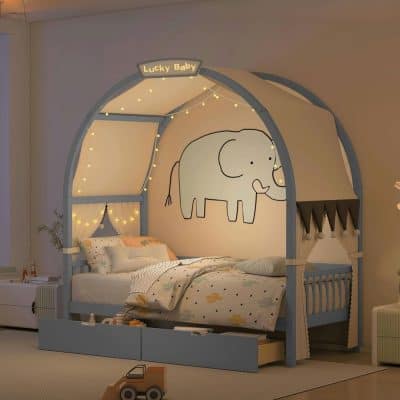 Whimsical children's bed with elephant design, soft lighting, and playful decor, perfect for a nursery or kids' room at Monalisa Store.