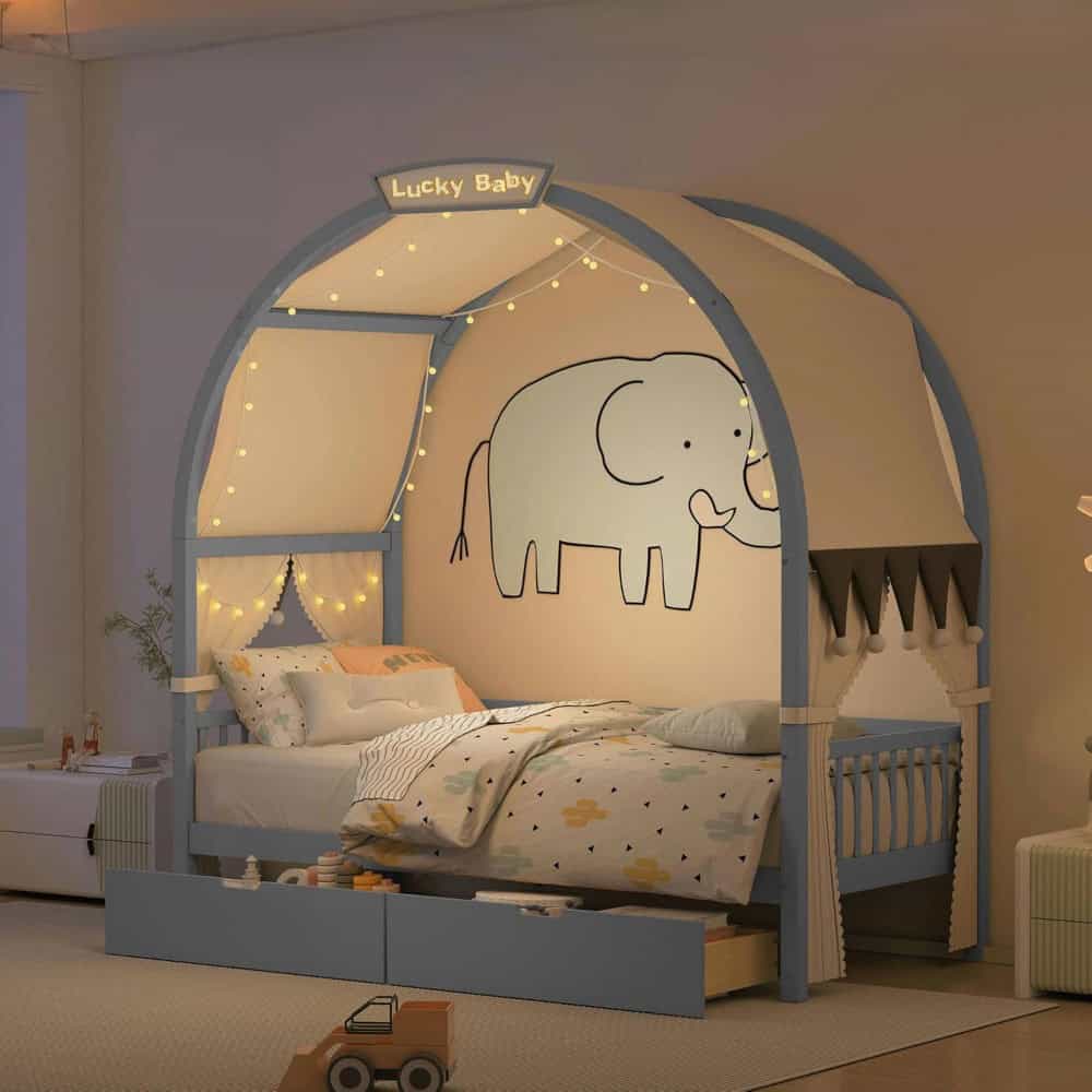 Whimsical children's bed with elephant design, soft lighting, and playful decor, perfect for a nursery or kids' room at Monalisa Store.