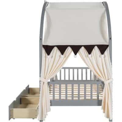 Childrens canopy bed with curtains and storage drawers for nursery bedroom decor and kids' bedroom furniture.