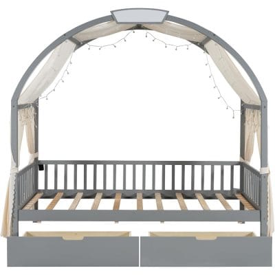 A versatile kids' playhouse with a cozy canopy, string lights, and storage drawers, perfect for outdoor fun and imaginative play. Durable and charming, ideal for adding charm to your backyard.