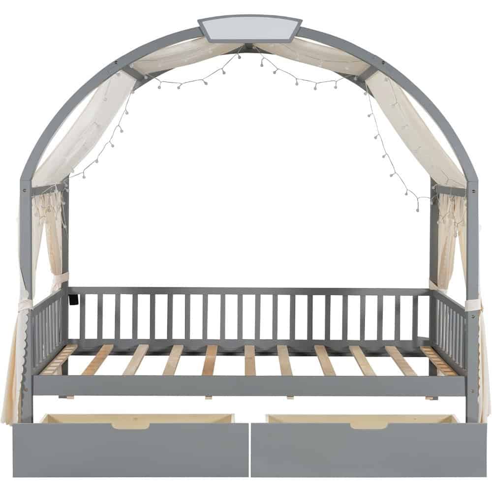 A versatile kids' playhouse with a cozy canopy, string lights, and storage drawers, perfect for outdoor fun and imaginative play. Durable and charming, ideal for adding charm to your backyard.