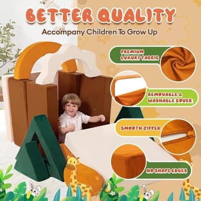 Soft, durable plush fabric for children’s playroom furniture, featuring removable, washable cover and no-shape edges for safety; ideal for kids’ comfort and convenience.