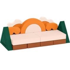 Colorful children's wooden sofa with orange, green, and white elements, suitable for a playful and cozy space. Perfect for kids' rooms or nurseries, combining comfort and fun in a unique design.