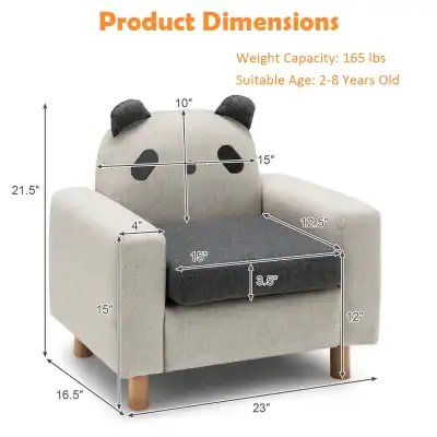 Cute kids' armchair with panda bear design, soft fabric, and wooden legs, perfect for children aged 2-8. Features playful panda face and comfortable cushioning.