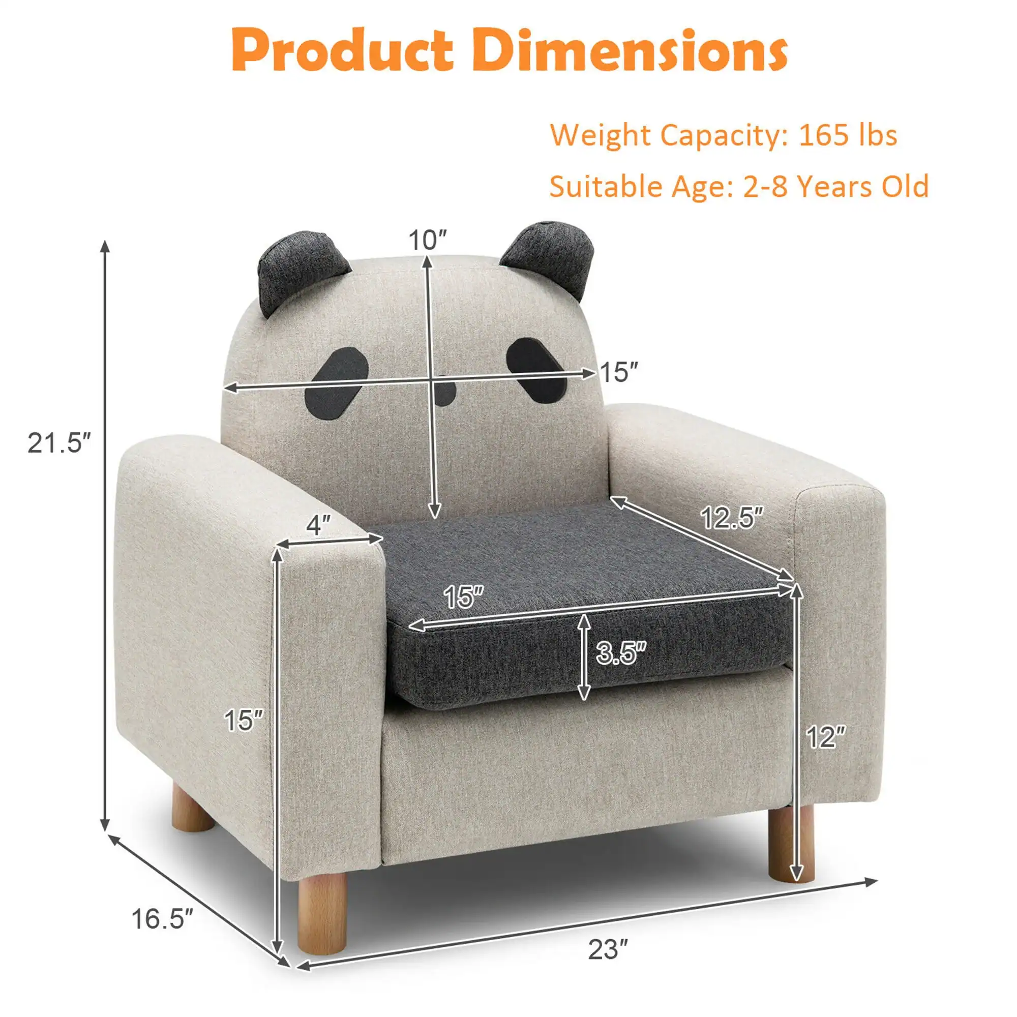 Cute kids' armchair with panda bear design, soft fabric, and wooden legs, perfect for children aged 2-8. Features playful panda face and comfortable cushioning.
