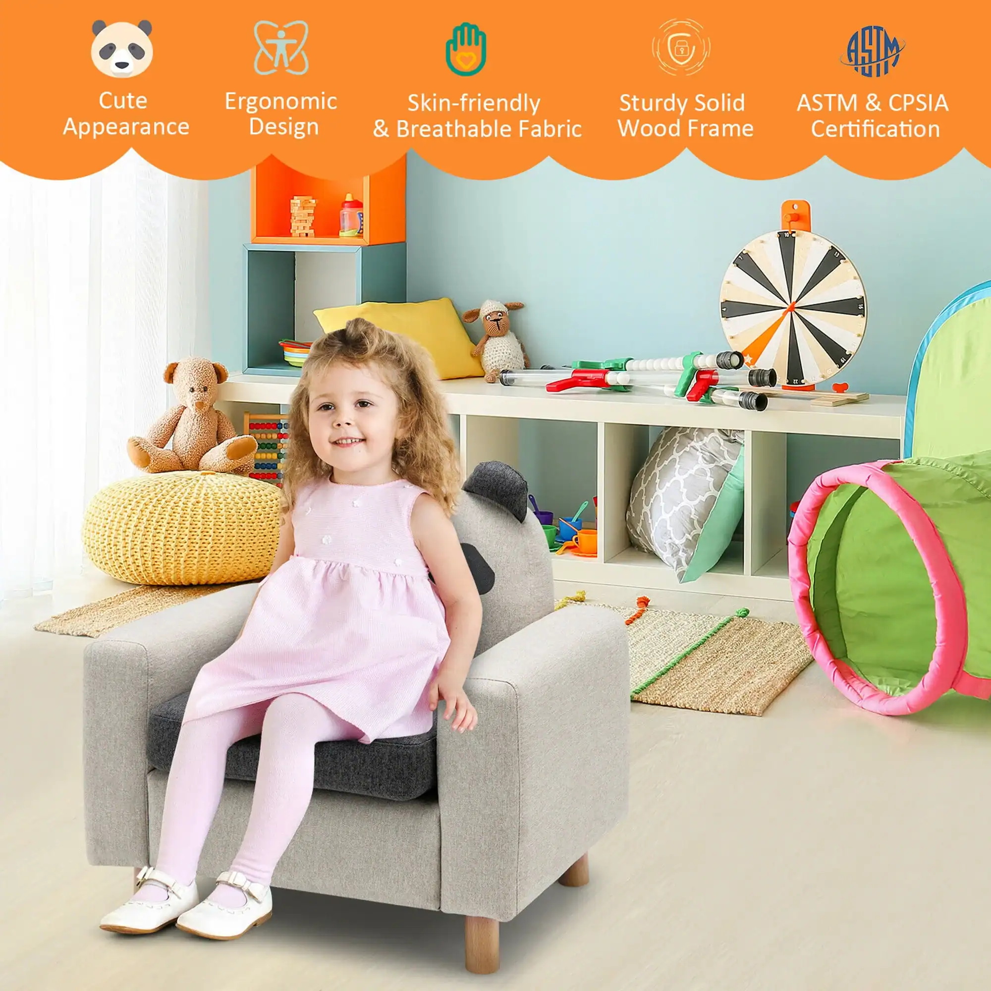 Brightly colored children's playroom with soft furniture, plush toys, and engaging activities, featuring breathable fabric and ergonomic design, perfect for safe and comfortable play spaces.