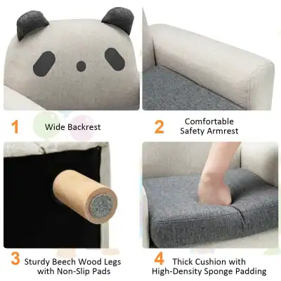 Plush panda-themed sofa with wide backrest, comfortable safety armrest, sturdy beechwood legs with non-slip pads, and thick cushion with high-density sponge padding, perfect for modern living rooms.