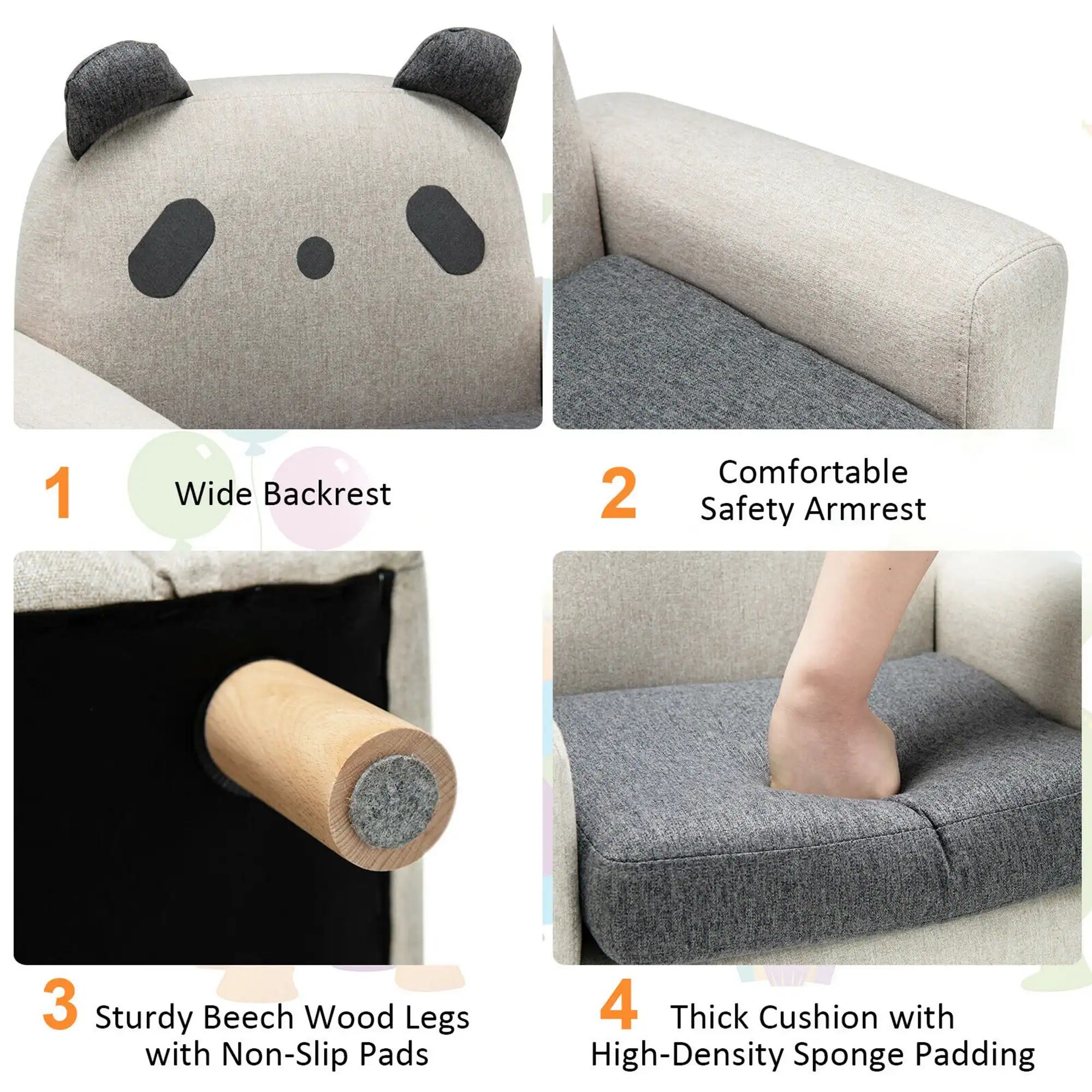 Plush panda-themed sofa with wide backrest, comfortable safety armrest, sturdy beechwood legs with non-slip pads, and thick cushion with high-density sponge padding, perfect for modern living rooms.