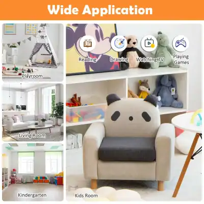Bright children's playroom featuring a cozy plush armchair with panda face design, surrounded by shelves filled with stuffed animals and toys, showcasing a playful and inviting space for kids.
