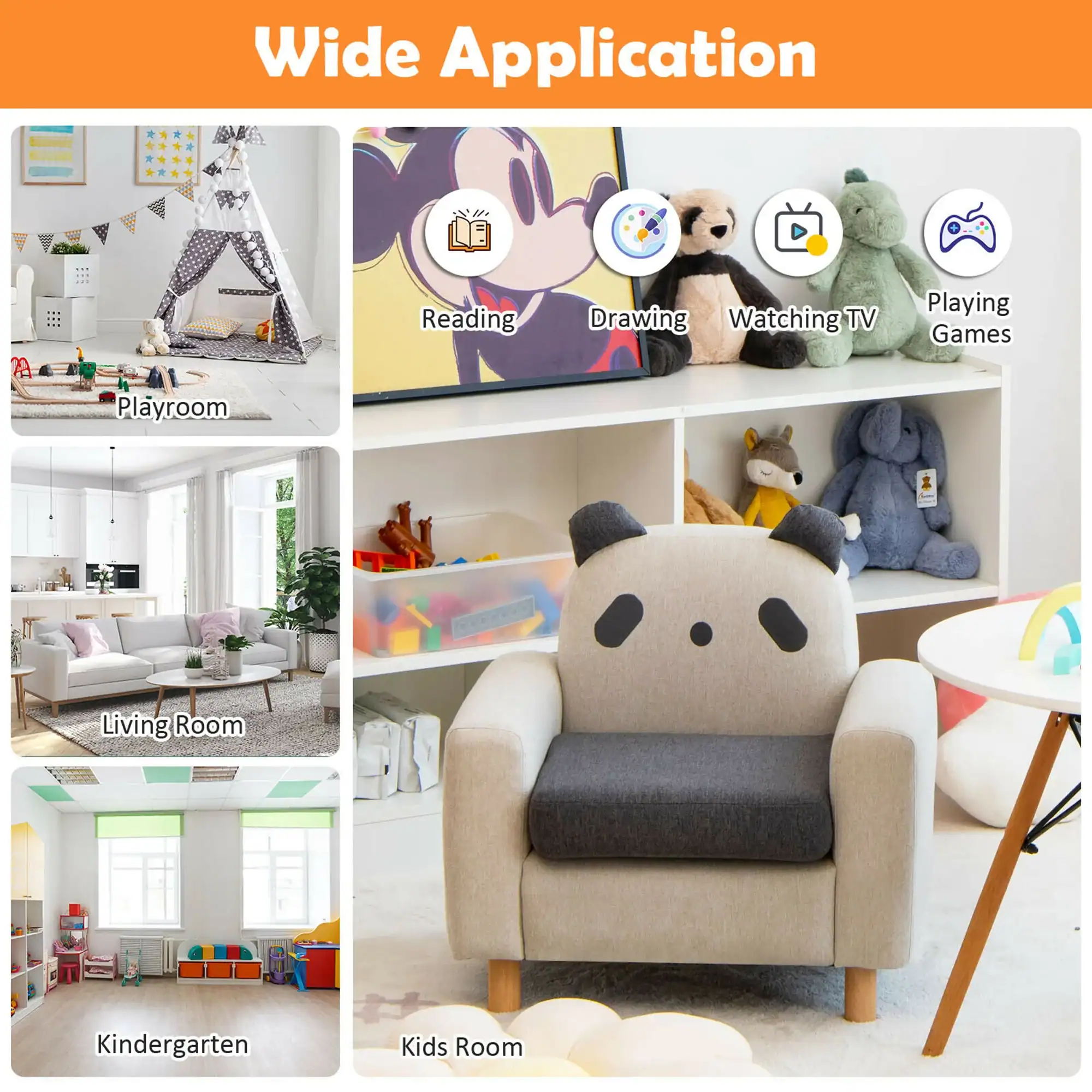 Bright children's playroom featuring a cozy plush armchair with panda face design, surrounded by shelves filled with stuffed animals and toys, showcasing a playful and inviting space for kids.