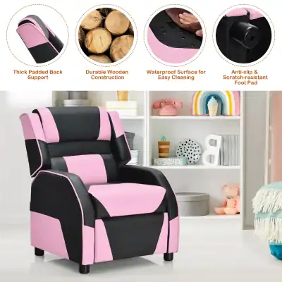 Pink and black massage chair with durable wooden construction, waterproof surface, thick padded support, and anti-slip foot pad, ideal for relaxation and home therapy.