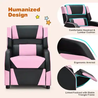 Pink and black ergonomic massage chair with headrest and lumbar cushion for ultimate comfort and relaxation.