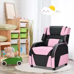 Comfortable pink and black armchair for kids, ideal for a cozy reading or relaxation spot in children's bedrooms or playrooms.