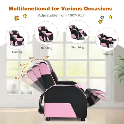 Comfortable pink and black multifunctional massage chair with adjustable reclining positions, ideal for gaming, reading, watching, and napping, featuring customizable angles from 100° to 160°.