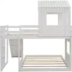 White wooden children's bunk bed with a playhouse design and safety rails, perfect for kids' bedrooms and innovative sleep spaces.