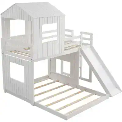 Bright white wooden kids playhouse with slide, perfect for outdoor entertainment and imaginative play, available at Monalisa Store for children's outdoor play equipment and accessories.
