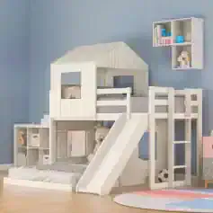 White kids' loft bed with slide and playhouse design, featuring storage shelves and soft toy accents in a modern children's bedroom.