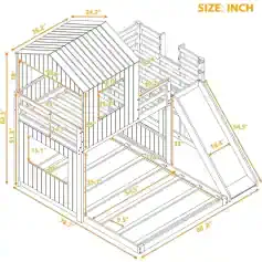 Modern wooden playhouse with slide and balcony, perfect for kids outdoor activities, featuring detailed dimensions and sturdy construction.