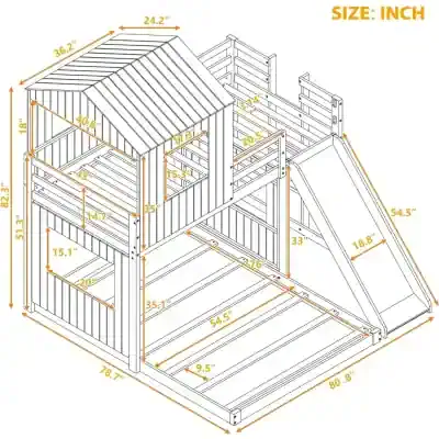 Modern wooden playhouse with slide and balcony, perfect for kids outdoor activities, featuring detailed dimensions and sturdy construction.