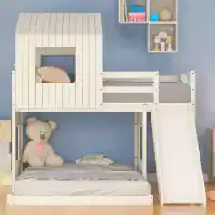 White kids bunk bed with slide and house-shaped top, perfect for a children's room, with soft bedding and a teddy bear, highlighting fun and functional children's bedroom furniture from Monalisa Store.