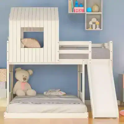White kids bunk bed with slide and house-shaped top, perfect for a children's room, with soft bedding and a teddy bear, highlighting fun and functional children's bedroom furniture from Monalisa Store.