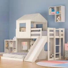 White wooden kids' house bed with slide and castle design, Montessori-style children's bedroom furniture, safe and durable play bed for kids bedroom decor and furniture, Monalisa Store.