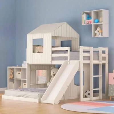 White wooden kids' house bed with slide and castle design, Montessori-style children's bedroom furniture, safe and durable play bed for kids bedroom decor and furniture, Monalisa Store.