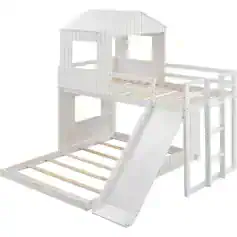White wooden playhouse with slide and safety rails for kids, perfect for outdoor fun and imagination. Ideal for children’s bedrooms, play areas, or backyard entertainment spaces.