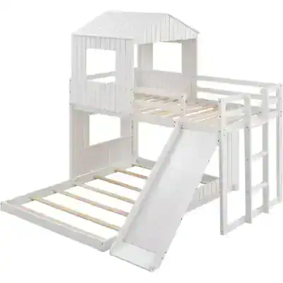 White wooden playhouse with slide and safety rails for kids, perfect for outdoor fun and imagination. Ideal for children’s bedrooms, play areas, or backyard entertainment spaces.