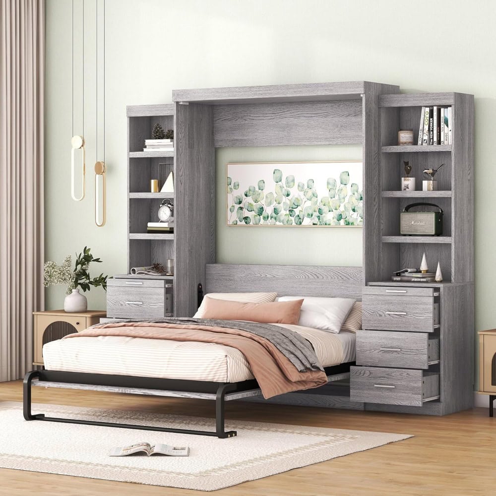 Elegant gray wood bedroom headboard with integrated shelving unit, modern design, perfect for stylish bedroom decor.
