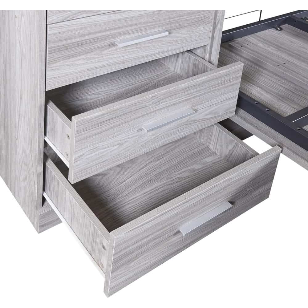 Stainless steel kitchen drawer with wood finish, modern and sleek storage solution for home or restaurant kitchens.