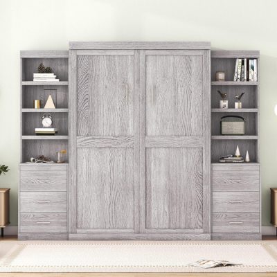 Bright modern gray wooden wardrobe with open shelves for stylish organization and storage. Perfect for a contemporary bedroom or living space, featuring elegant design and multifunctional storage options.