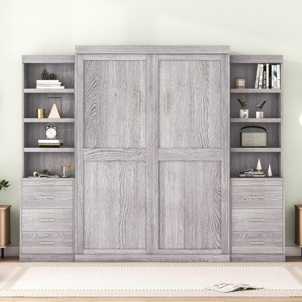 Bright modern gray wooden wardrobe with open shelves for stylish organization and storage. Perfect for a contemporary bedroom or living space, featuring elegant design and multifunctional storage options.
