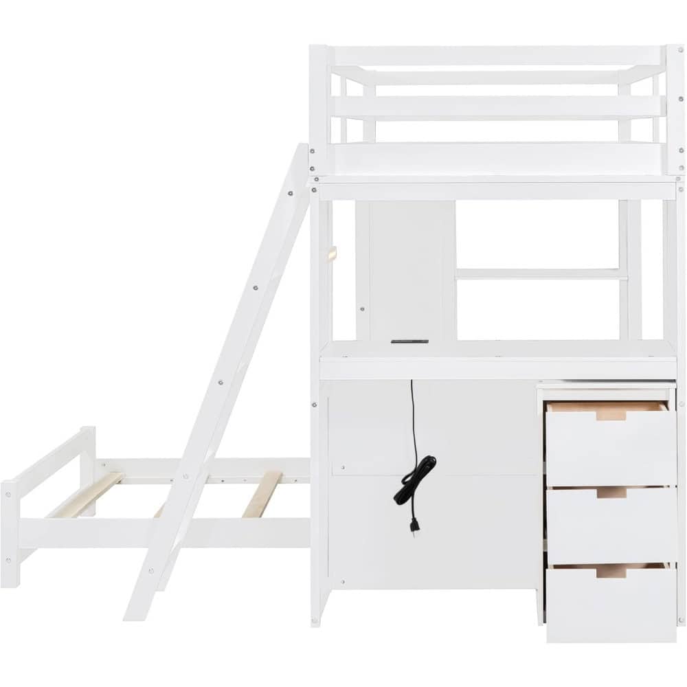 White wooden loft bed with integrated desk and storage drawers for space-saving organization and stylish bedroom furniture.