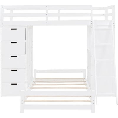 White wooden bunk bed with built-in storage drawers and ladder, ideal for space-saving solutions in children's bedrooms. Perfect for a modern, minimalist nursery or kids' room.