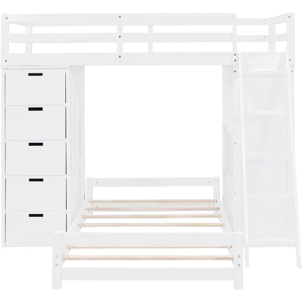 White wooden bunk bed with built-in storage drawers and ladder, ideal for space-saving solutions in children's bedrooms. Perfect for a modern, minimalist nursery or kids' room.