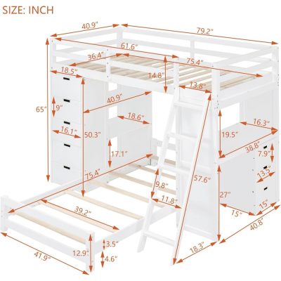 Bright white loft bed with ample storage drawers and ladder, designed for children's bedroom organization and space-saving solutions.