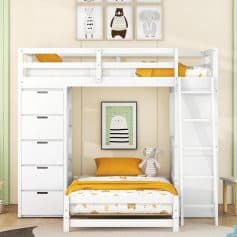 Bright children's bedroom with a white bunk bed, playful animal artwork, and cozy yellow accents, perfect for a kid's room or nursery.