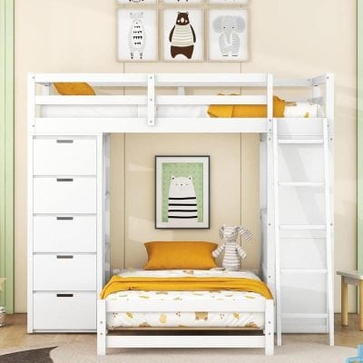 Bright children's bedroom with a white bunk bed, playful animal artwork, and cozy yellow accents, perfect for a kid's room or nursery.