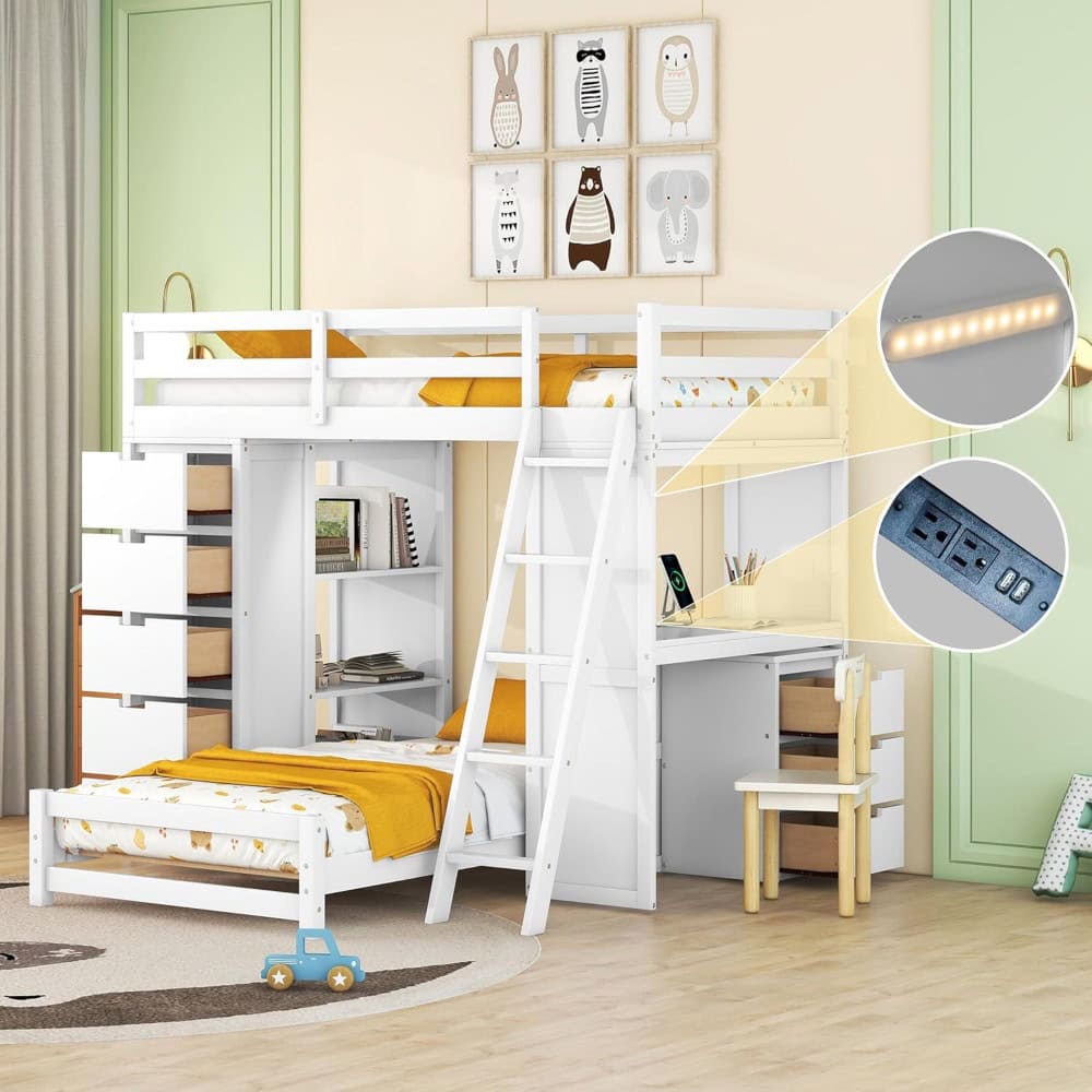 Bright white bunk bed with integrated storage, LED lighting, and power outlets in a cozy children's bedroom featuring playful animal art, perfect for enhancing sleep and study spaces.