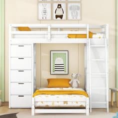 White kids bunk bed with built-in drawers and ladder, featuring playful animal-themed decor, perfect for children's bedrooms and sleepovers.