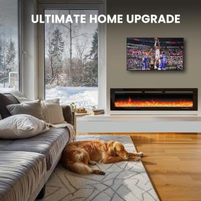 Cozy living room with modern electric fireplace, wall-mounted TV, large window showing snowy outdoor scenery, and a relaxed golden retriever sleeping on a patterned rug, perfect for home upgrades.