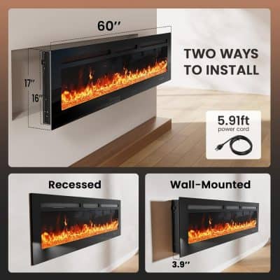 Modern electric fireplace with two installation options, including recessed and wall-mounted designs, featuring a 60-inch width, realistic flames, and a 5.91 ft power cord for versatile home decor and heating.
