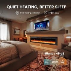 Quiet heating electric fireplace for living room with over-heating protection and 1-8H timer, ideal for cozy home ambiance.