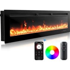 Electric fireplace with remote control, Wi-Fi connectivity, and customizable color lighting for modern home decor. Perfect for cozy ambiance and heating efficiency.