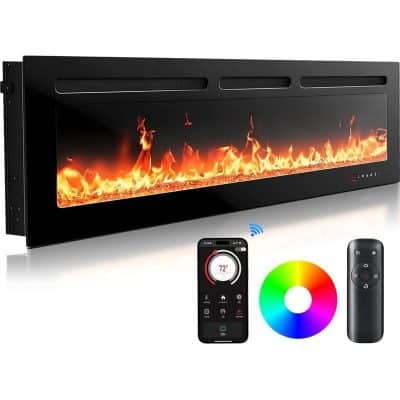 Electric fireplace with remote control, Wi-Fi connectivity, and customizable color lighting for modern home decor. Perfect for cozy ambiance and heating efficiency.