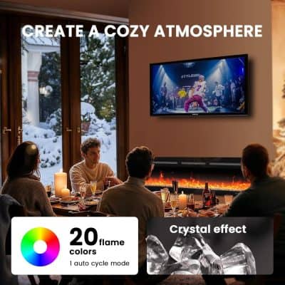 Warm interior scene with a cozy fireplace, friends watching TV, and festive ambiance, emphasizing home comfort and entertaining atmosphere.