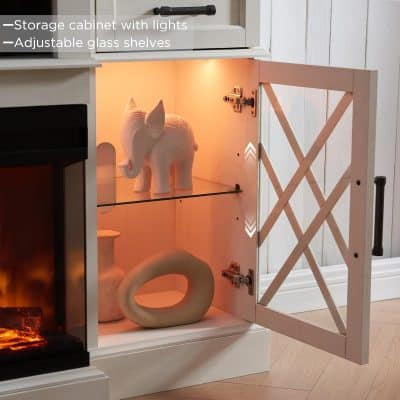 Storage cabinet with lights and adjustable glass shelves for modern home decor, featuring a decorative elephant figurine and pottery pieces, ideal for enhancing aesthetic appeal and organization.